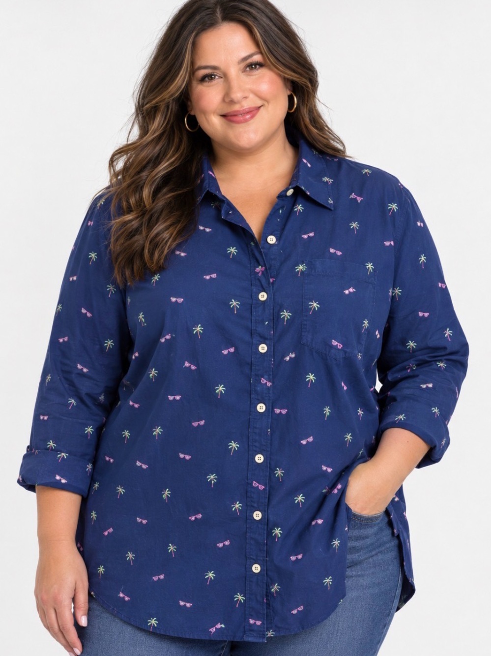 Talbots Navy Button-Down Shirt‎ with Pink Sunglasses & Palm Print Preppy Sz 3X